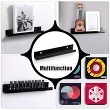 6pcs Black Acrylic Floating Wall Mounted Shelves, Size 30cm (12 Inches), Suitable For Decorating Books, Photos, Cosmetics, Applicable For Bedroom, Living Room, Bathroom, Used For Storage And Organization - Black - View 7