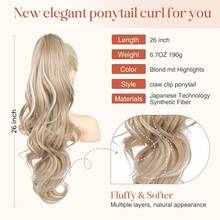 Extensión de Cola de Caballo FLUFYMOOZ, 66 de largo, ondulada y rizada, con clip de sujeción, postizo sintético para mujer - rubio dorado con reflejos. - Rubia con reflejos rubios blanquecinos - Ver 2