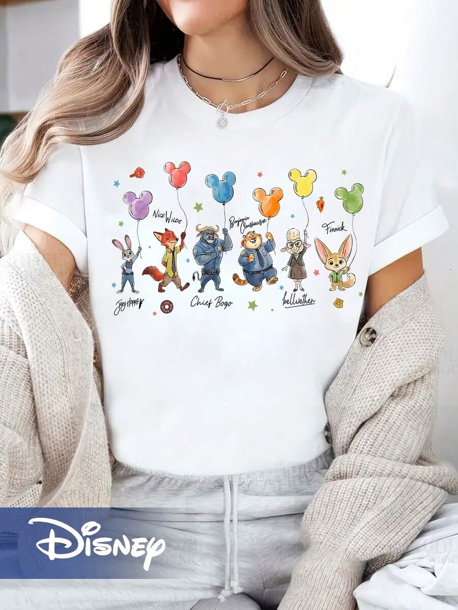 Disney Women's T-Shirt Mickey Balloon Zootopia Round Neck Short Sleeve T-Shirt - 白色 - 查看 1