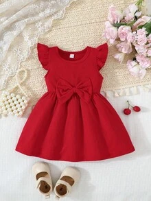 2pcs/Set Toddler Crew Neck Cap Sleeve Butterfly Print & Solid Ribbed Minimalist Cute Outfits, Spring/Summer - Red - View 4
