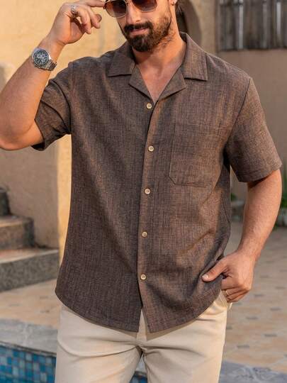 1pc Khaki Linen-Like Men's Casual Shirt, Lightweight Breathable Short Sleeve Shirt, Vacation Style Shirt, Machine Washable, Suitable For Summer Beach, Comfortable Men's Top