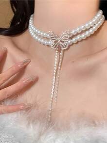 1pc Luxury Rhinestone Butterfly & Faux Pearl Necklace, Unique Design Elegant Double-Layer Necklace, Suitable For Autumn/Winter Sweater - Multicolor - View 5