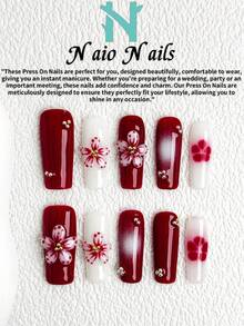NAIO 10pcs/Set Spring And Summer Handmade Press On Nails Coffin/Almond/Short Square Nail Tips, Y2K Baddie Style, Red, White Color, Floral Relief, White Ombre, Metal Accessories. Cream Texture, Suitable For Women And Girls, Party, Daily Wear, Comes With Tool Kit, Great Gift For Ladies Nails Nail Supplies - Multicolor - View 15