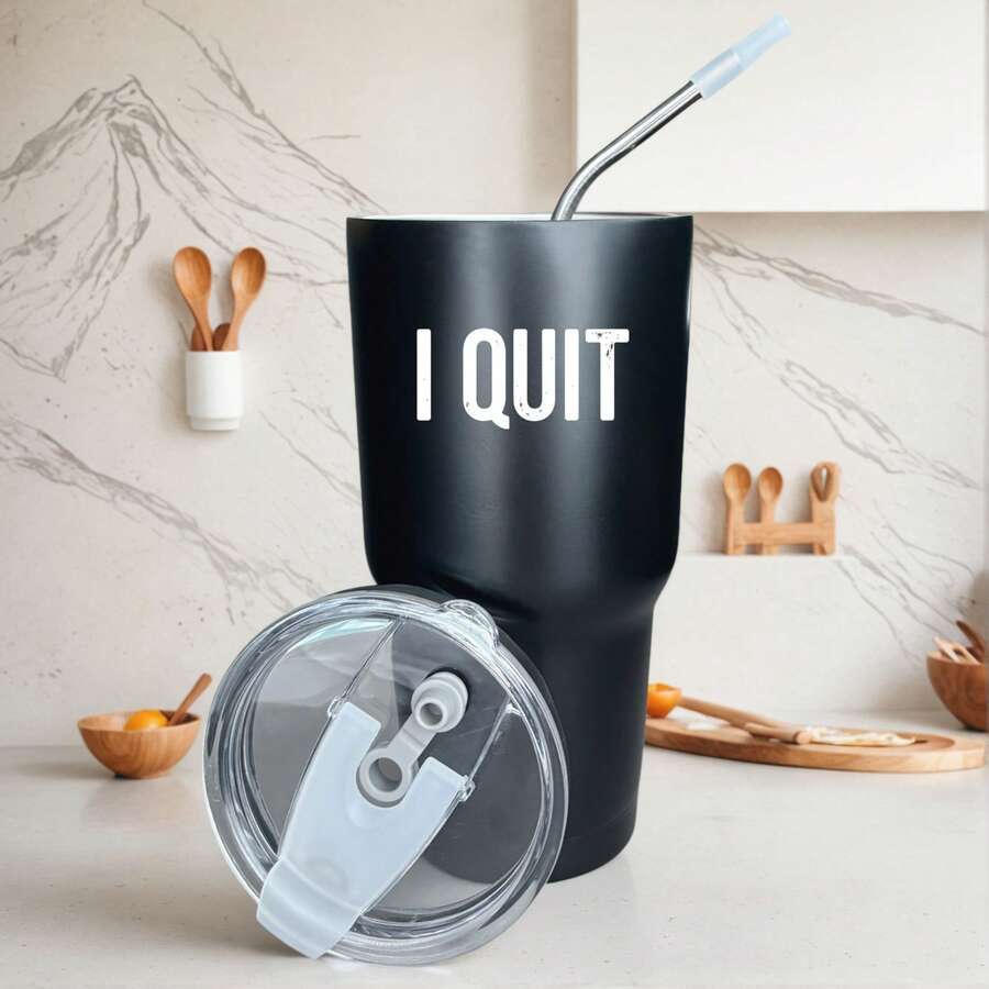 30oz Stainless Steel Tumbler Black White Options, I Quit Graphic Cups, Insulated Travel Coffee Mug With Lid And Straw , Double Wall Vacuum Reusable Travel Cups, Funny Birthday Party Gift For Women & Men - 黑色 - 查看 1