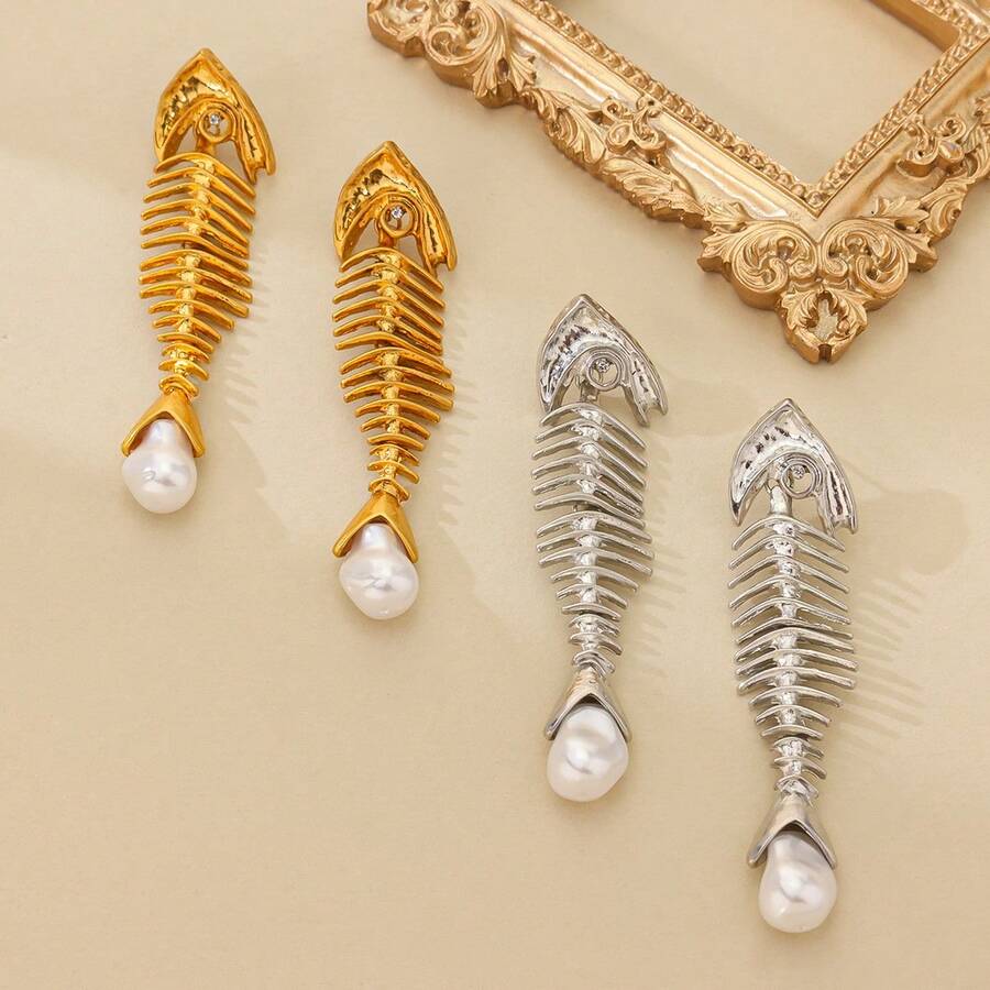 Hoa tai dài thiết kế xương cá phóng đại mới, Hoa tai mặt dây chuyền ngọc trai sáng tạo ngọt ngào và mát mẻ thời trang - Vàng - Xem 1