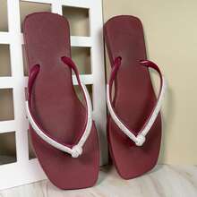 Women's Comfortable Black Square Toe Flip-Flop Sandal With Rhinestone Strap And Bow - Maroon - View 2