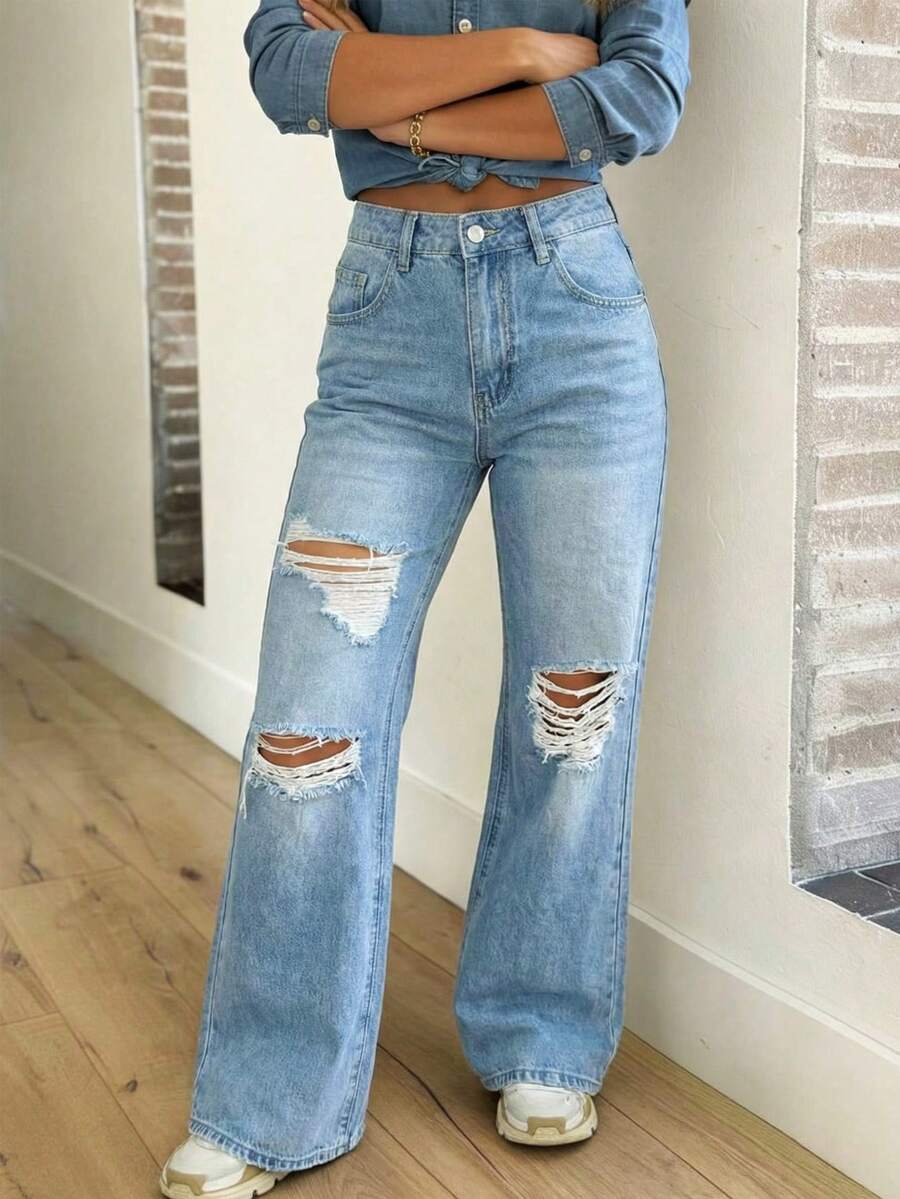 Women's Casual Washed Distressed Straight Leg Jeans - Light Wash - View 1