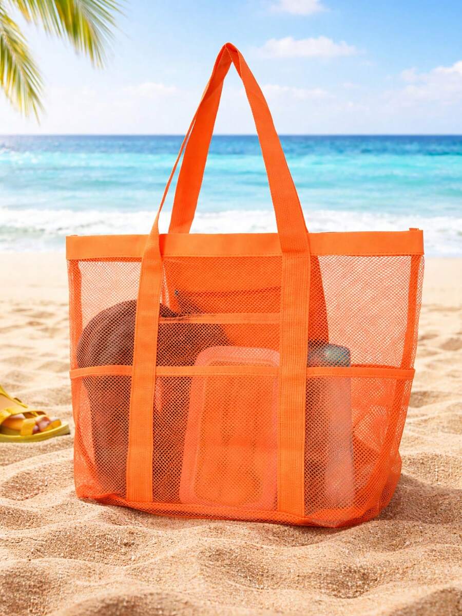 Hollow Polyester Mesh Large Capacity Beach Bag, Travel Laundry Bag, Swimming Storage Bag, Minimalist Mesh Beach Bag, Mother's Day Gift For Mom - Burnt Orange - View 1