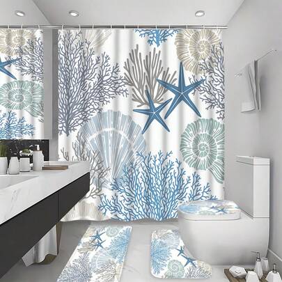 1/4pcs Nautical Coastal Theme Shower Curtain Set, Beach Ocean Theme Bathroom Curtains, Summer Tropical Seashell Starfish Coral Pattern Shower Curtain Set, Toilet Seat Cover, Non-Slip Rug, Bath Mat And Waterproof Shower Curtain, With 12pcs C-Shape Plastic Hooks