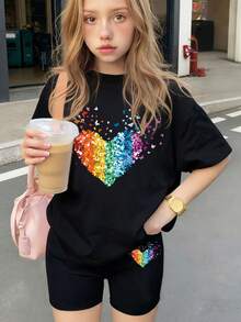 2pcs/Set Women's Short Sleeve Heart Pattern Elastic Skinny Shorts, Fun & Fashionable Young Spring/Summer Outfit - Black - View 1