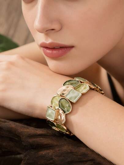 Cring Coco 1pc Fashionable Bohemian Green Minimalist Geometric Elastic Bracelet, Suitable For Women's Daily, Party, Festival, Birthday, Mother's Day Jewelry Accessory Gift