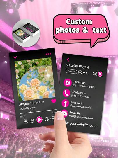 200/500/1000pc Customize Music Player Style Makeup Business Card Template,Personalized Business Card With Photo & Text,Premade Beauty Business Cards,Music-Themed Card For Makeup Artists, Influencers & Beauty Professionals,MakeUp Artist Promotion Business Card,Best Makeup Brand Marketing Business Card,Personalized Card, Desk Supplies Office