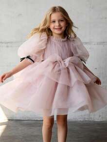 年轻女孩泡泡袖多色蝴蝶结网眼薄纱礼服，适合生日派对、舞会、化装舞会、婚礼花童、伴娘、重要活动和节日 - 粉色 - 查看 1