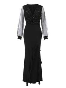 Elegant V-Neck Mesh Patchwork Long Sleeve Dress, Versatile For Daily, Work, Party, Evening Gown, Shiny Metallic Embossed Fashionable And Graceful Dress - Black - View 4