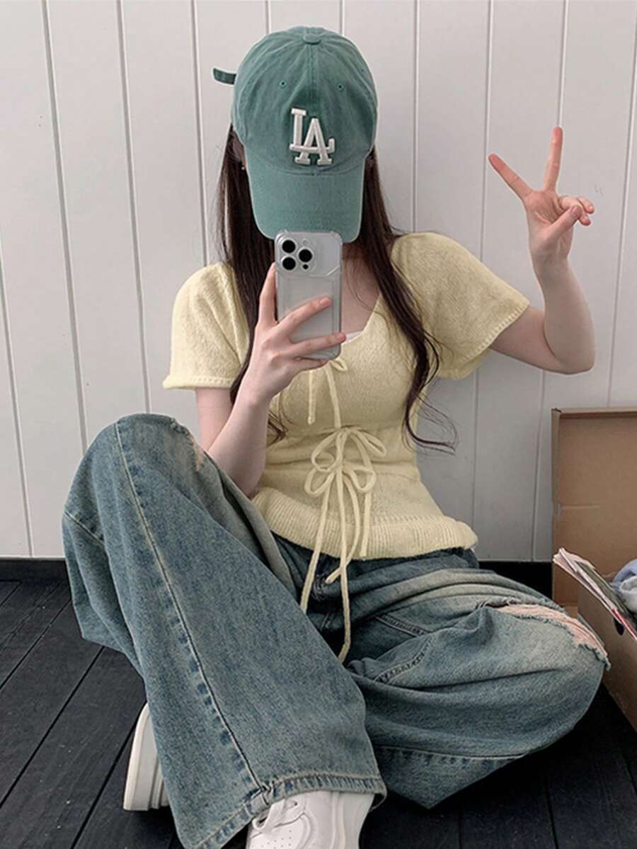 女式荷叶边下摆休闲短款上衣，适合春夏季 - 杏色 - 查看 1