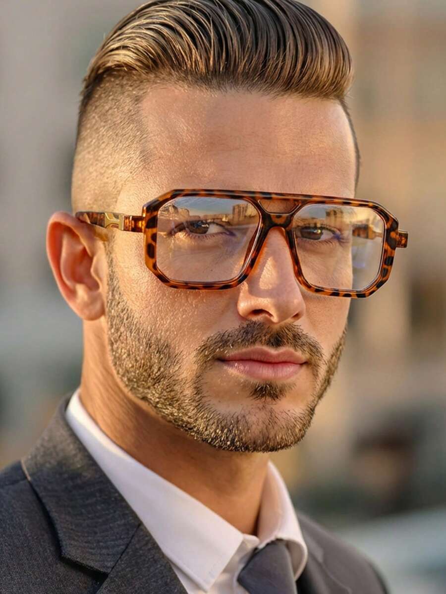 1 par de gafas planas de moda para viajes y uso casual con montura de PC y puente doble con estampado de leopardo personalizadas para hombres - Multicolor - Ver 1