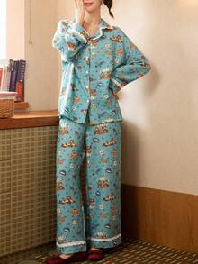 Gongdie 2 piezas Conjunto de pijama de manga larga de algodón suave con diseño de Chip y Dale de Disney para mujer, primavera/otoño - Azul menta - Ver 1