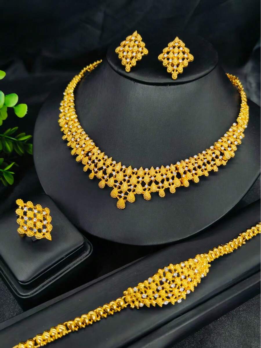 Bộ trang sức mạ vàng cao cấp 4 món, gồm dây chuyền, bông tai, vòng tay, nhẫn, phụ kiện cưới, trang trí váy dạ hội, quà tặng ngày Valentine, Ngày của Mẹ, các dịp lễ hội. - Vàng - Xem 1