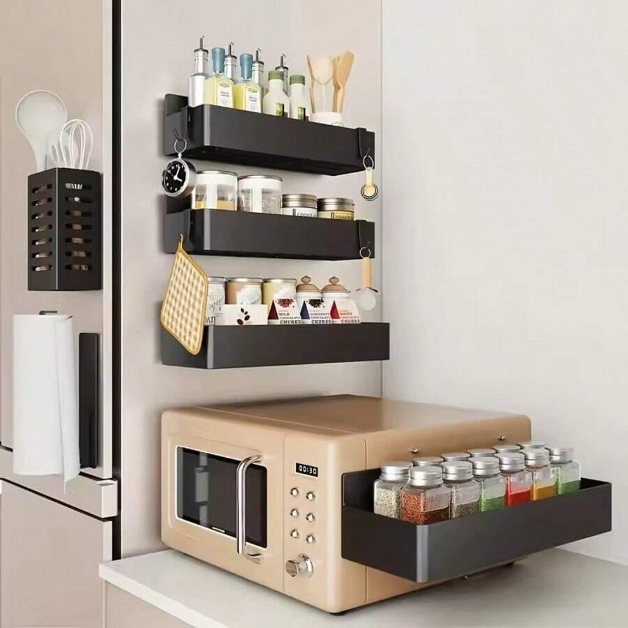 2/4pcs Magnetic Storage Rack Home Punch Free Refrigerator Storage Basket Kitchen Seasoning Jar Holder Bathroom Toiletries Shelf - Multicolor - View 1