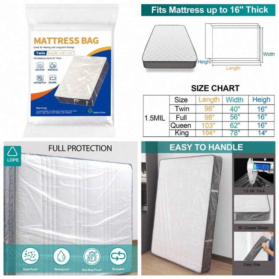 Waterproof Plastic Mattress Bag For Moving Storage Heavy Duty Twin Size Mattress Cover Protector - 1 - View 1
