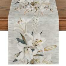 1pc Spring White Floral Print Table Runner - Polyester Woven Rectangular Dust-Proof And Wipeable Tablecloth For Home Party Decor, Aesthetic Room Decoration, Lily Design - Multicolor - View 14