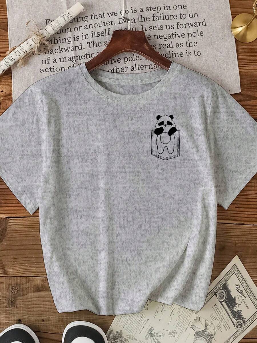 Summer Black & White Charm: Panda Print T-Shirt - Light Grey - View 1