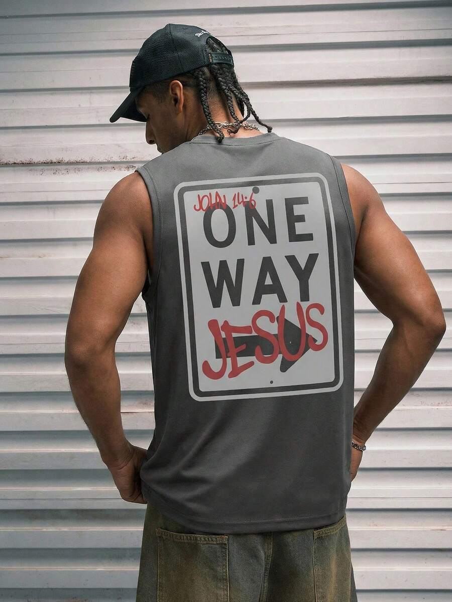 Modcrash White Shark 男士休闲时尚街头字母印花圆领背心，夏季 - 深灰色 - 查看 1