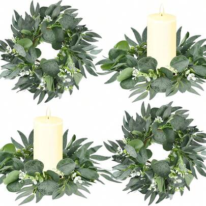 1/2/4PCS Candle Rings,Durable Realistic Small Wreath With Artificial Green Eucalyptus Leaves,Boho Small Wreaths For Indoor Pillar Candle Holder For Spring Summer Wedding, Tabletop Christmas Decoration