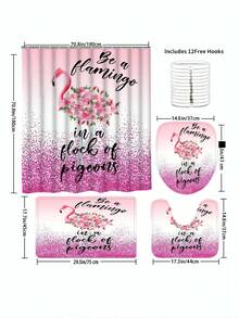 4件套粉色亮面火烈鸟花卉图案浴室套装，防水防霉浴帘，防滑垫，U型马桶盖套，带12个挂钩 - 多色 - 查看 9