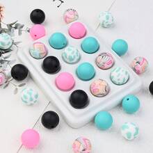 40pcs Modern Bohemian Style Silicone Bead Set, Mixed Pink And Green 15mm Round Beads, Suitable For DIY Travel Souvenirs And Craft Projects - Multicolor - View 2