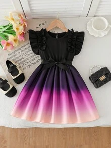 Girls' Ombre Purple Dress, Black Cap Sleeve With Ruffle Hem + Polyester Bow Tie, Birthday Party & Performance Dress - Multicolor - View 9