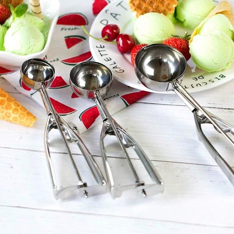 1/3Pcs Stainless Steel Trigger Ice Cream Cookie Scoop Multi Use Portion Tool For Home Restaurant Ice Cream Shop Baking Daily Dessert Prep - Default - View 1