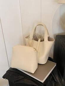 New Spring Style, White Litchi Texture Fabric, Women's Bucket Handbag. High-End Minimalist Fashion With Detachable Strap, Suitable For Urban Commuting, Adjustable Shoulder Strap, Perfect For College Students. Lightweight, Practical And Spacious, Multi-Purpose Opening Design. Made Of Durable Waterproof PU Material, Ideal As A Gift, Shopping, Dating, Commuting, Photography And Holiday Women's Shoulder Bag. - White - View 6