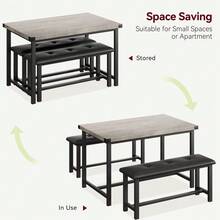 3-Piece Dining Table Set For 4, With Wood Table & 2 Upholstered Benches, Space-Saving Metal Frame Kitchen Table Set For Small Spaces, Apartments, Dining Room, Living Room - Grey - View 5