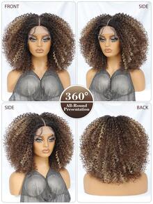 Peruca sintética afro cacheada curta ombré castanha com renda frontal de 14 polegadas, repartição em T, mechas baby hair e efeito volumoso para mulheres. - Multicolorido - Ver 8