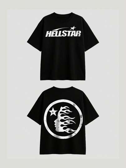 Hellstars Star Logo Flame Silhouette Retro T-Shirt Double Sided Printed (220g 100% Cotton T-Shirt), Summer Clothes, Men's Tops, Casual And Comfortable, Fashionable Graphic Tee, Unisex Style