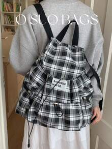 Mochila casual de nailon de gran capacidad y estilo de cuadros, con múltiples bolsillos, impermeable y plegable, con cordón y parche con letra, bolsa de viaje de verano - Blanco y Negro - Ver 4