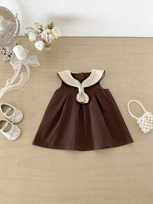 1 Stück Baby Mädchen Retro Prinzessin ärmelloses Kleid mit Rüschenkragen & Schleifen Dekor, geeignet für die Schulanfang Saison - Kaffeebraun - Übersicht 4