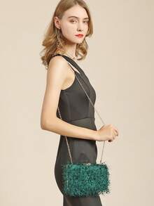 Mini Fluffy Tassel Box Clutch Bag - Dark Green - View 5