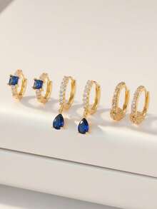 Hihho 三件套铜镶嵌锆石耳环，简约气质，高端质感，多元素耳扣，耳环，时尚百搭的女士耳环套装，适合作为母亲节礼物 - 彩色 - 查看 2