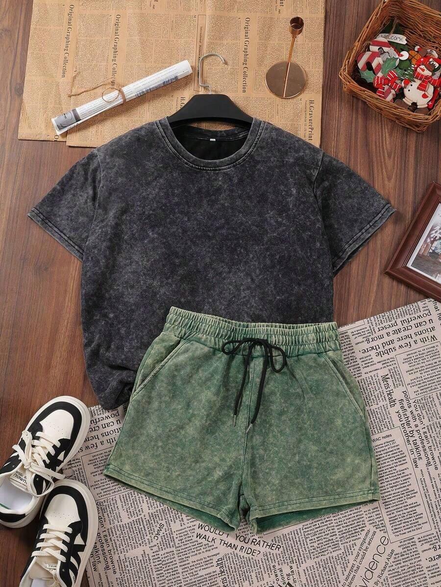 2pcs/Set Women's Cotton Summer Street Fashion Outfit, Korean Vintage Basic Commute Versatile Y2K Style, Suitable For Outdoor Leisure, Regular Niche Punk Purple Fitted Round Neck Short Sleeve Washed T-Shirt And Shorts - 多色 2 - 查看 1