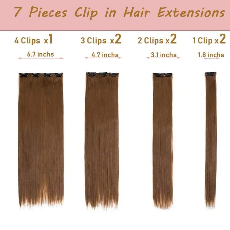 Extensiones de cabello con clip, cabello sintético liso y ondulado, piezas (Marrón Claro, liso) - W-Negro natural - Añade 4
