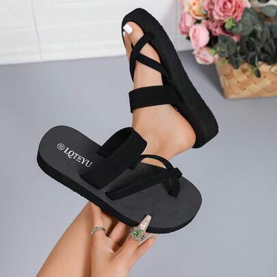 Women's Black Criss-Cross Platform Flip Flops, Wedge Thong Sandals, Lightweight & Comfortable Beach Slippers For Summer