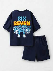 Bộ áo thun và quần short in chữ hoạt hình dành cho bé trai tuổi teen. - Xanh đậm - Xem 5