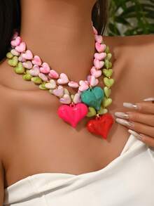 1 Set Fashionable & Elegant Bohemian Style Irregular Stone-Shaped Multi-Color Resin Beaded Necklace, Including 3D Colorful Heart, Starfish, Bowknot Pendants, Suitable For Fashionable Beach Party Wear, Unique & Charming Design For Stylish Ladies. The Resin Patterns And Pendant Quantities Are Randomly Distributed Due To The Handmade Stone-Imitation Production Process. - Multicolor - View 13