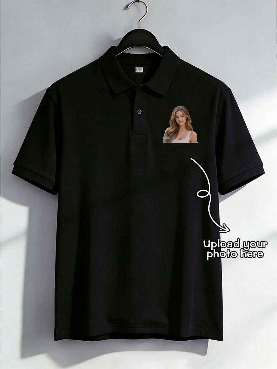 Camisa Polo Personalizada para Hombres. Patrón Personalizado con Eliminación de Color de Fondo. Por Favor Suba la Imagen para el Regalo Personalizado. También una Opción Principal para el Día del Padre y Deportes - Negro - Ver 1