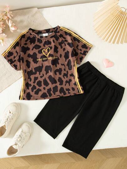 2pcs/Set Girls Casual Leopard Print Heart & Letter Decor Waist Cinched Short Sleeve Top And Solid Color Shorts, Spring/Summer