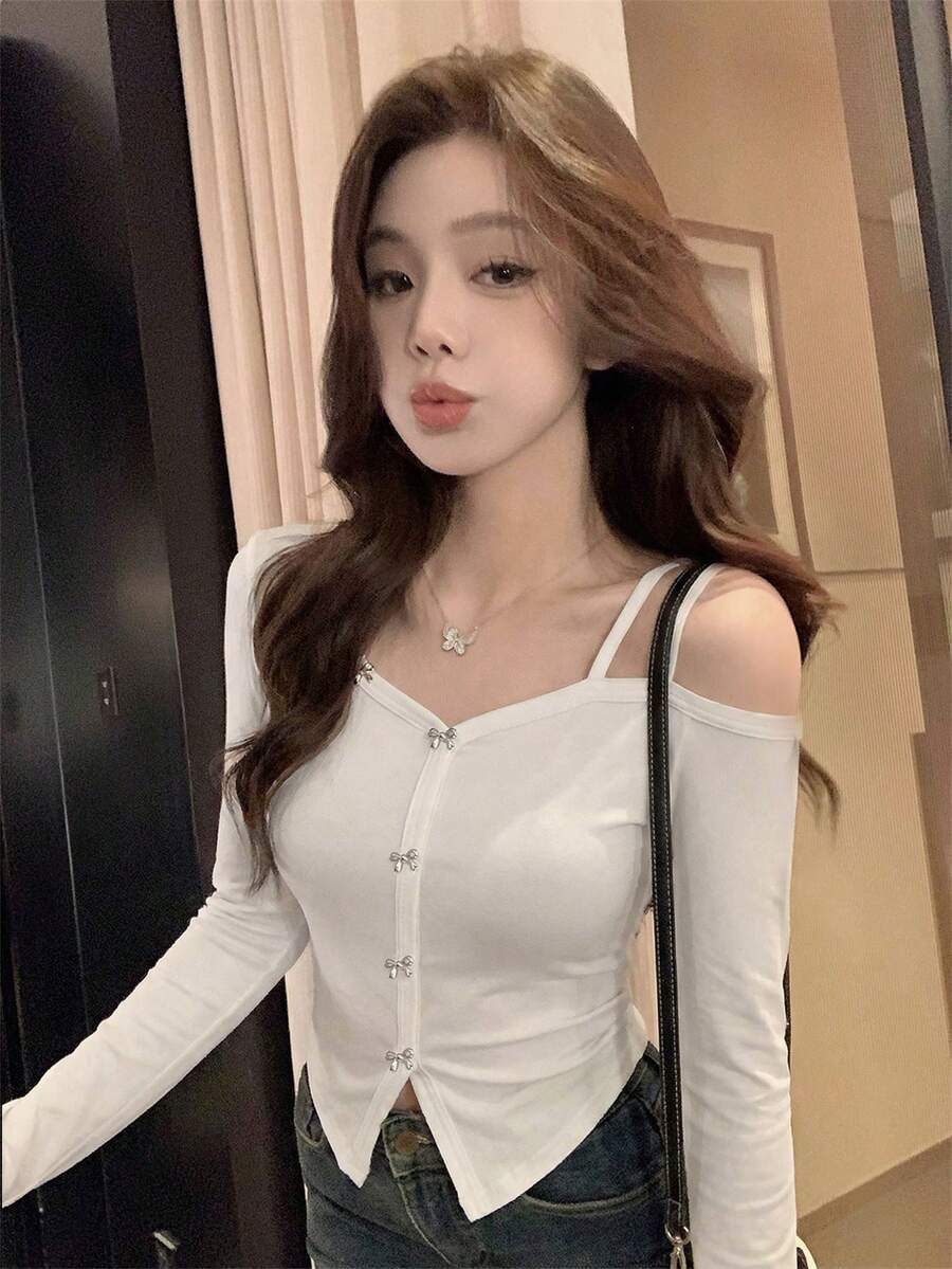 优雅蝴蝶结肩带女士性感简约黑色露肩长袖上衣，适合约会、外出和通勤，秋冬白色夏季款 - 白色 - 查看 1