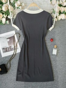 Spring And Summer New Polo Collar Contrasting Dress, College Style Sweet Slim Fit, Bodycon Knit Short Skirt - Dark Grey - View 7