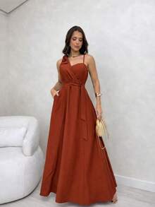 Women's Long Dress With Crossover Neckline And Elasticated Cups – Elegant For Parties, Weddings, And Special Events - 紅陶 - 查看 2